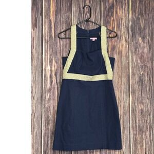 Lilly Pulitzer Dress Womens 2 Navy Blue Gold Trim Textured Mini Sleeveless